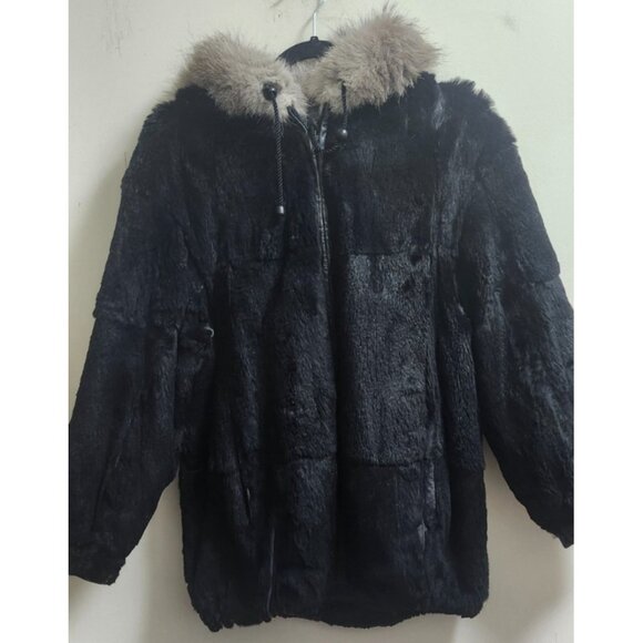 Woman's Dyed Black Sheared Mink Fur Parka Reversing to Black Leather M/L - Picture 5 of 16